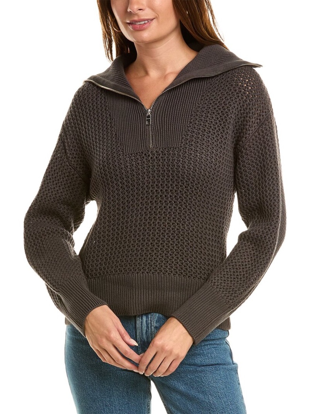 525 america Mix Stitch Sweater 1/4 Zip Open Knit Charcoal Grey L Large Cotton